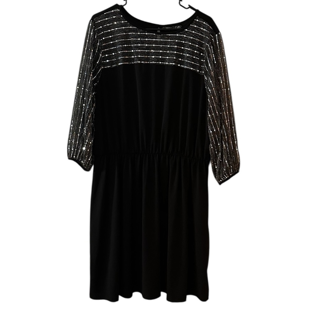 CURE Black Party Dress with Silver Striped Sequin Sleeves Cinched Waist 2XL